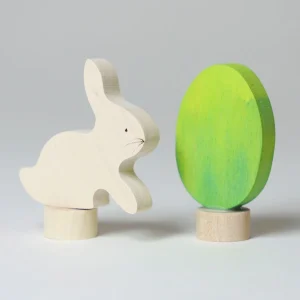 Figurine décorative en bois (2) - Lapin + oeuf vert