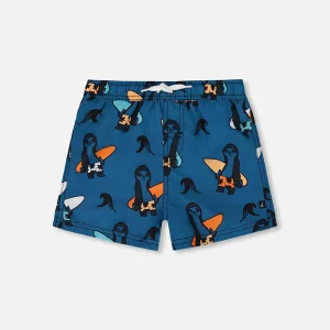Maillot De Bain Imprimé Orange Sloths Sur Bleu Marine - G30NB11_038-  2 à 10 ans