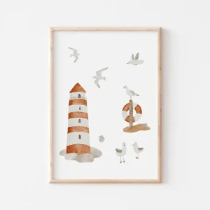 Affiche Enfant encadrée, Phare et Mouettes